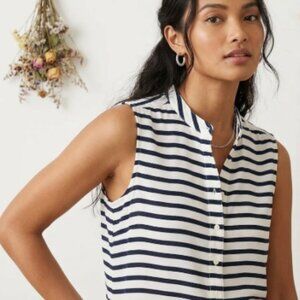 J. Crew Navy and White Striped Sleeveless Mandarin Collar Blouse Preppy Coastal